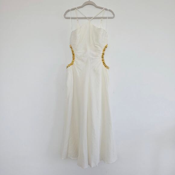 Cult Gaia Off White & Gold Maxi Halter Dress Embellished Side Cutouts Size 10 - Picture 12 of 14